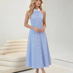 Blue Striped Collared Halter Neck Midi Dress