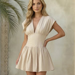 Beige V-Neck Cap Sleeve Flared Mini Dress