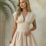 Beige V-Neck Cap Sleeve Flared Mini Dress
