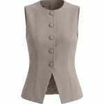 Grey Round Neck Button Front Sleeveless Regular Length Vest