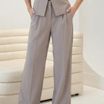 Gray High Waist Pleated Wide Leg Long Pants