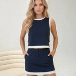 Navy Blue Contrast Trim Crop Top And Mini Skirt Two Piece Set