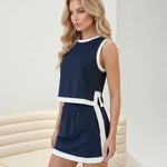 Navy Blue Contrast Trim Crop Top And Mini Skirt Two Piece Set