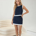 Navy Blue Contrast Trim Crop Top And Mini Skirt Two Piece Set