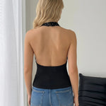 Black Polka Dot Satin Cowl Neck Ribbed Waist Halter Top