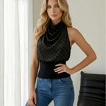 Black Polka Dot Satin Cowl Neck Ribbed Waist Halter Top