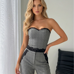 Grey Plaid Lace Trim Strapless Tube Top