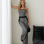 Grey Plaid Lace Trim Strapless Tube Top