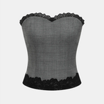Grey Plaid Lace Trim Strapless Tube Top