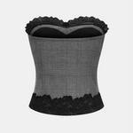 Grey Plaid Lace Trim Strapless Tube Top