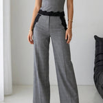Grey Plaid Lace Trim Wide Leg Pants