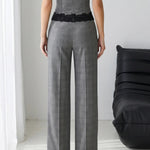 Grey Plaid Lace Trim Wide Leg Pants