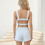 Light Blue Backless Crop Top And Shorts Two Piece Set