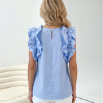 Light Blue Ruffle Sleeve Cotton Linen Blend Regular Length Blouse