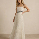 Cream Polka Dot Open Back Pleated Maxi Dress