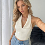 White Solid Satin Halter Neck Crop Top