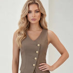 Brown V Neck Gold Buttons Casual Vest Top