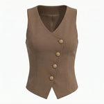 Brown V Neck Gold Buttons Casual Vest Top