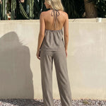 Grey Pinstripe Halter Neck Peplum Top Wide Leg Pants Set
