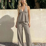 Grey Pinstripe Halter Neck Peplum Top Wide Leg Pants Set