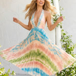 Tie-Dye Print Pleated Halter Neck Midi Dress