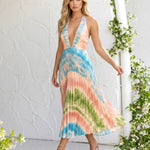 Tie-Dye Print Pleated Halter Neck Midi Dress