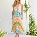 Tie-Dye Print Pleated Halter Neck Midi Dress
