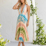Tie-Dye Print Pleated Halter Neck Midi Dress