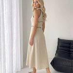 Beige Contrast Trim Linen Sleeveless Midi Shirt Dress