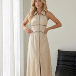 Beige Contrast Trim Linen Sleeveless Midi Shirt Dress