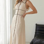 Beige Contrast Trim Linen Sleeveless Midi Shirt Dress
