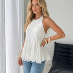 White Halter Pleated Backless Peplum Top