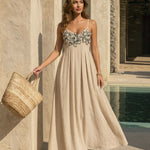 Beige Floral Embroidery Spaghetti Strap Maxi Dress