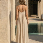 Beige Floral Embroidery Spaghetti Strap Maxi Dress