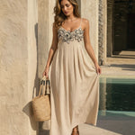 Beige Floral Embroidery Spaghetti Strap Maxi Dress