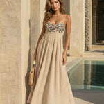 Beige Floral Embroidery Spaghetti Strap Maxi Dress
