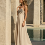 Beige Floral Embroidery Spaghetti Strap Maxi Dress