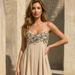 Beige Floral Embroidery Spaghetti Strap Maxi Dress