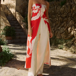 Red Leaf Print Strapless Overlay Top