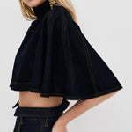 Black High Neck Cape Sleeve Crop Top