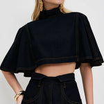 Black High Neck Cape Sleeve Crop Top