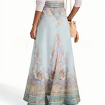 Blue Floral Print Belt Wrap Maxi Skirt