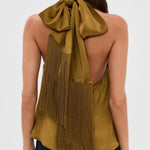 Olive Green Fringe Back Tie Satin Relaxed Regular Top