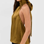 Olive Green Fringe Back Tie Satin Relaxed Regular Top