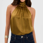 Olive Green Fringe Back Tie Satin Relaxed Regular Top