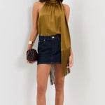Olive Green Fringe Back Tie Satin Relaxed Regular Top