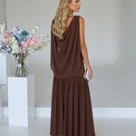 Brown Draped Chiffon Cape Sleeve V-Neck Maxi Dress