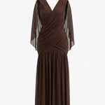 Brown Draped Chiffon Cape Sleeve V-Neck Maxi Dress