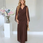 Brown Draped Chiffon Cape Sleeve V-Neck Maxi Dress