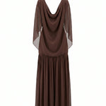 Brown Draped Chiffon Cape Sleeve V-Neck Maxi Dress